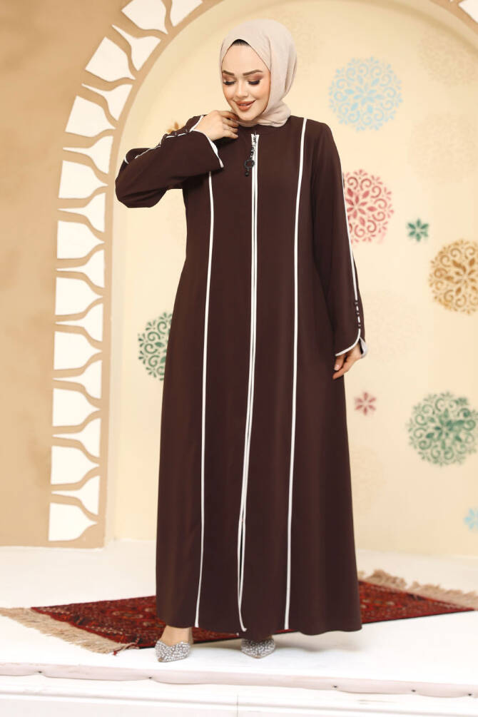 Biyeli Kahverengi Tesettür Abaya 45300KH - 1