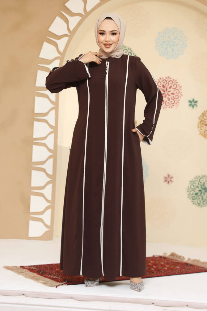 Biyeli Kahverengi Tesettür Abaya 45300KH - 2
