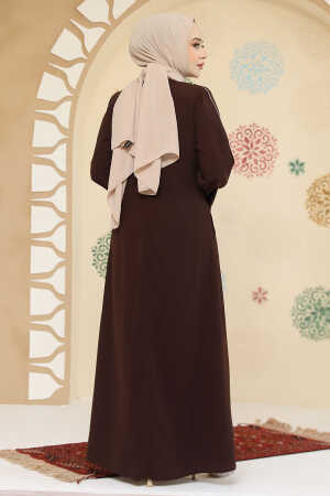 Biyeli Kahverengi Tesettür Abaya 45300KH - 3