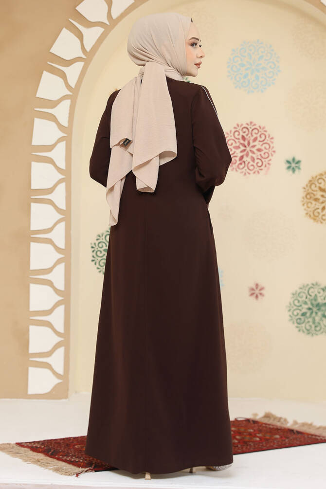 Biyeli Kahverengi Tesettür Abaya 45300KH - 3