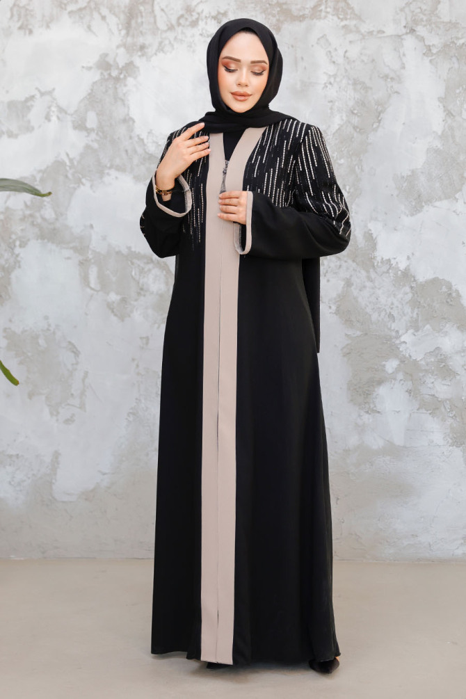 Black Beige Plus Size Modest Abaya 15079SBEJ - 2