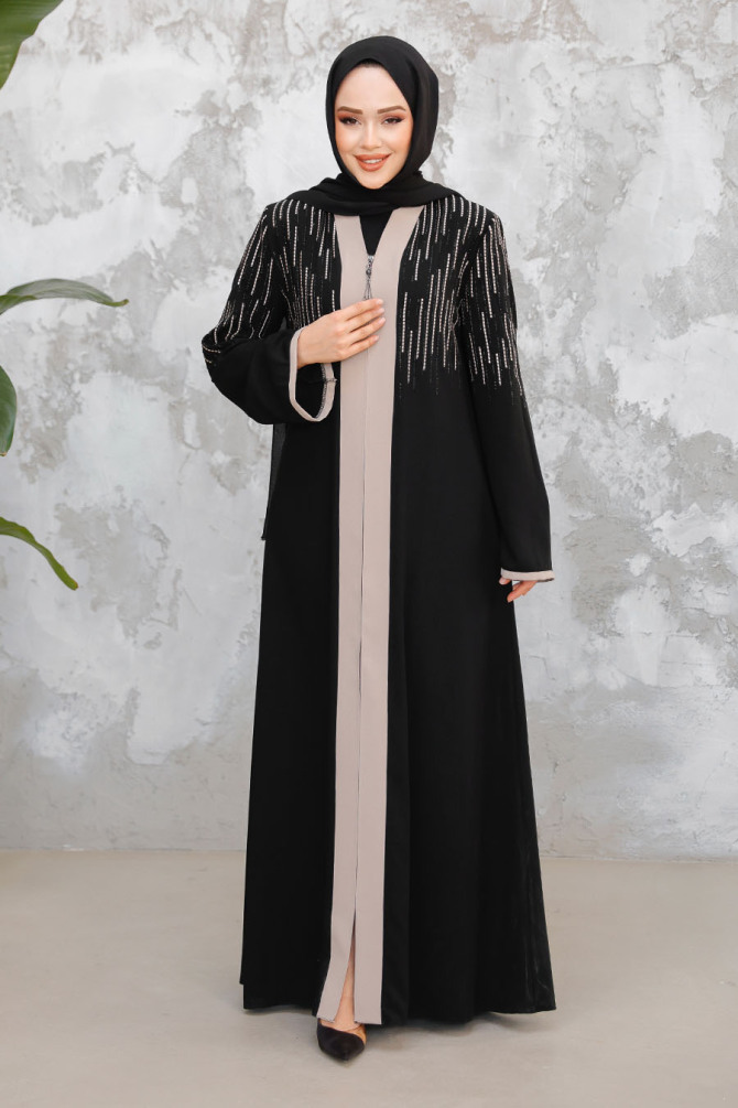 Black Beige Plus Size Modest Abaya 15079SBEJ - 3