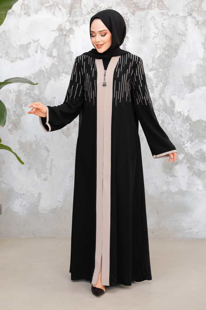 Black Beige Plus Size Modest Abaya 15079SBEJ - 1