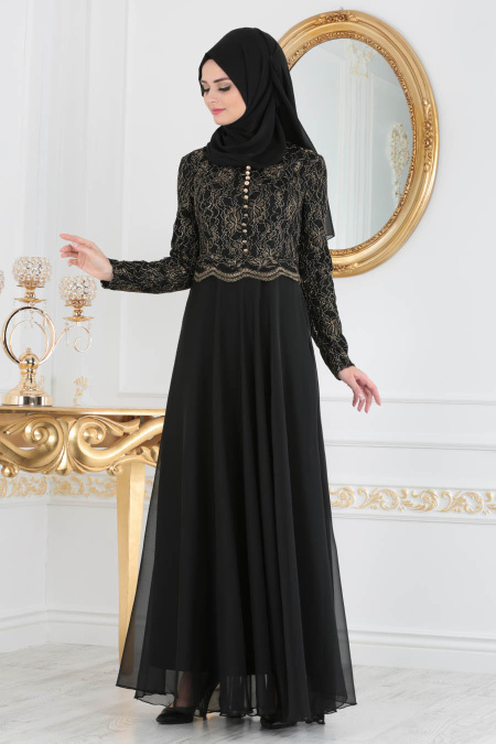Black Hijab Evening Dress 7960S