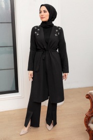 Black Hijab Coat 10860S - Thumbnail