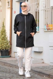 Black Hijab Coat 3674S - Thumbnail