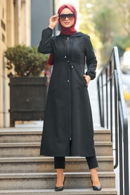 Black Hijab Coat 51701S - Thumbnail