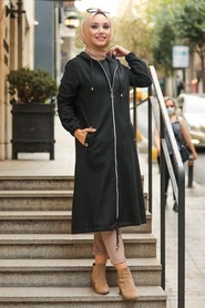 Black Hijab Coat 5568S - Thumbnail