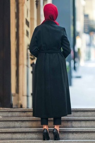 Black Hijab Coat 5569S - Thumbnail