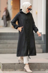 Black Hijab Coat 5664S - Thumbnail