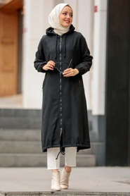 Black Hijab Coat 5664S - Thumbnail