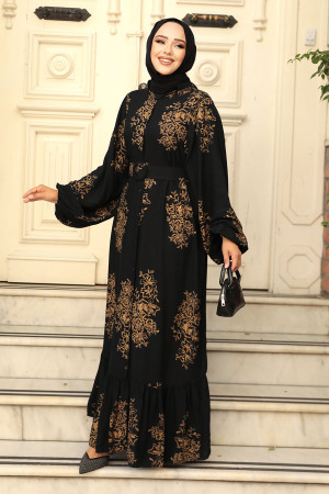 Modest Black Floral Long Dress 19481S - 1