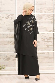 Black Hijab Dress 3469S - Thumbnail