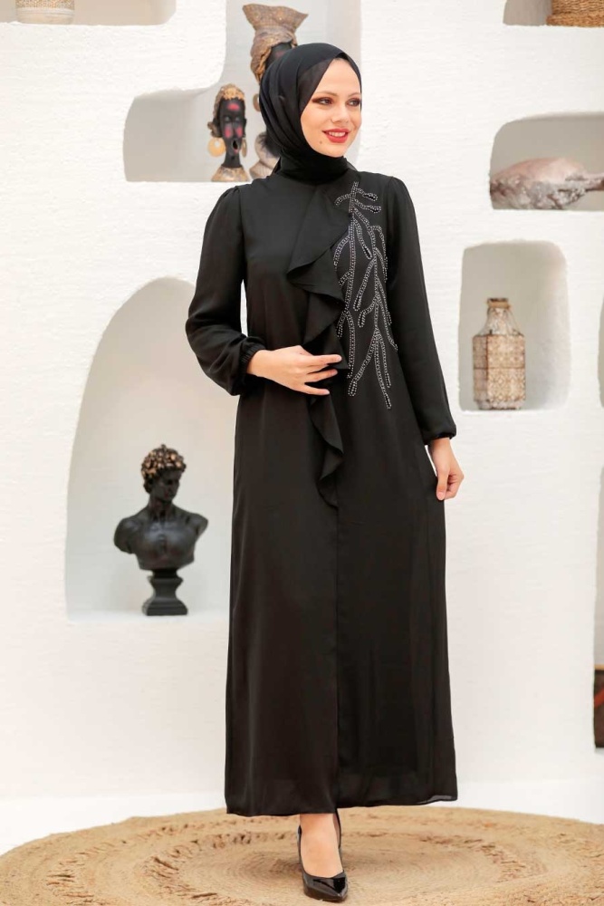 Neva Style - Modern Black Islamic Long Sleeve Dress 12951S - 1
