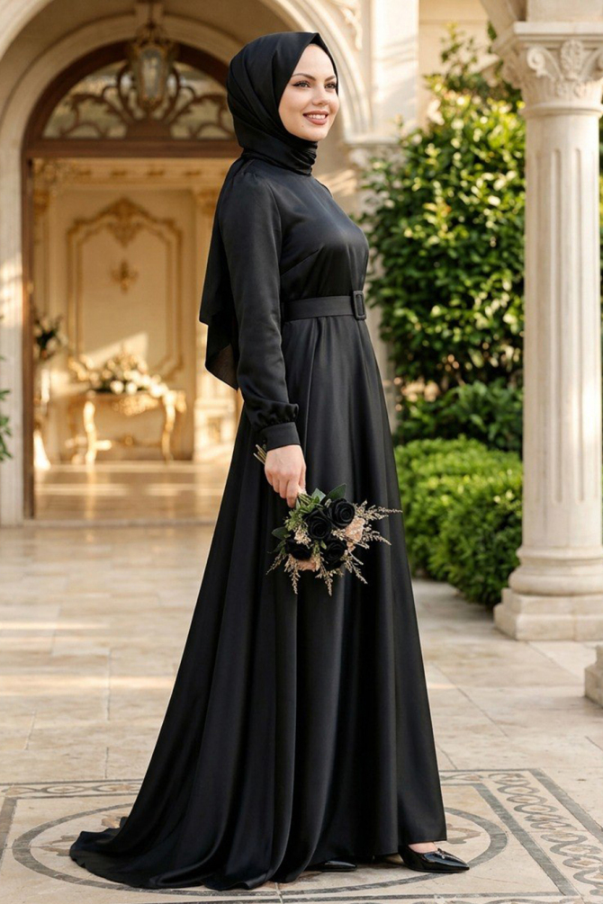 Neva Style - Satin Black Islamic Evening Gown 28890S - 1