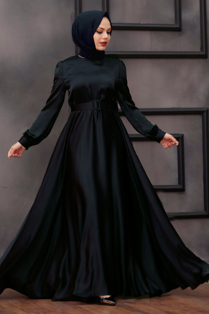 Neva Style - Satin Black Islamic Evening Gown 28890S - 1