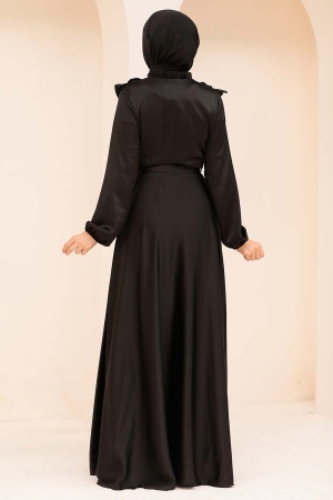 Neva Style - Satin Black Modest Islamic Clothing Wedding Dress 3117S - Thumbnail