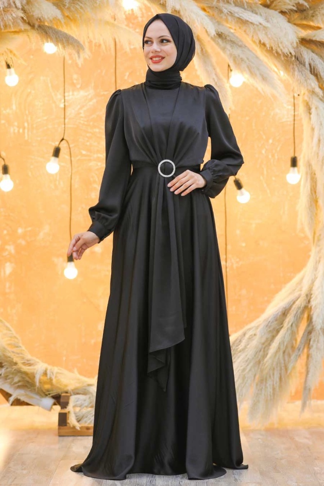 Neva Style - Long Sleeve Black Hijab Evening Dress 3145S - 2