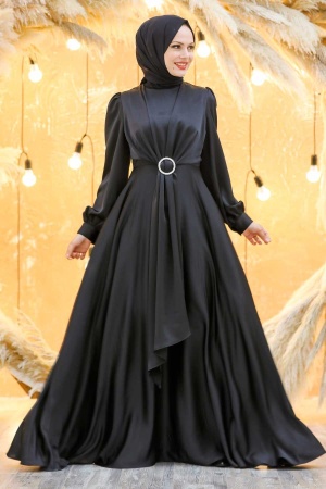 Neva Style - Long Sleeve Black Hijab Evening Dress 3145S - 3