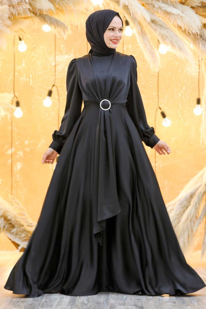 Neva Style - Long Sleeve Black Hijab Evening Dress 3145S - 3