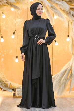 Neva Style - Long Sleeve Black Hijab Evening Dress 3145S - 4