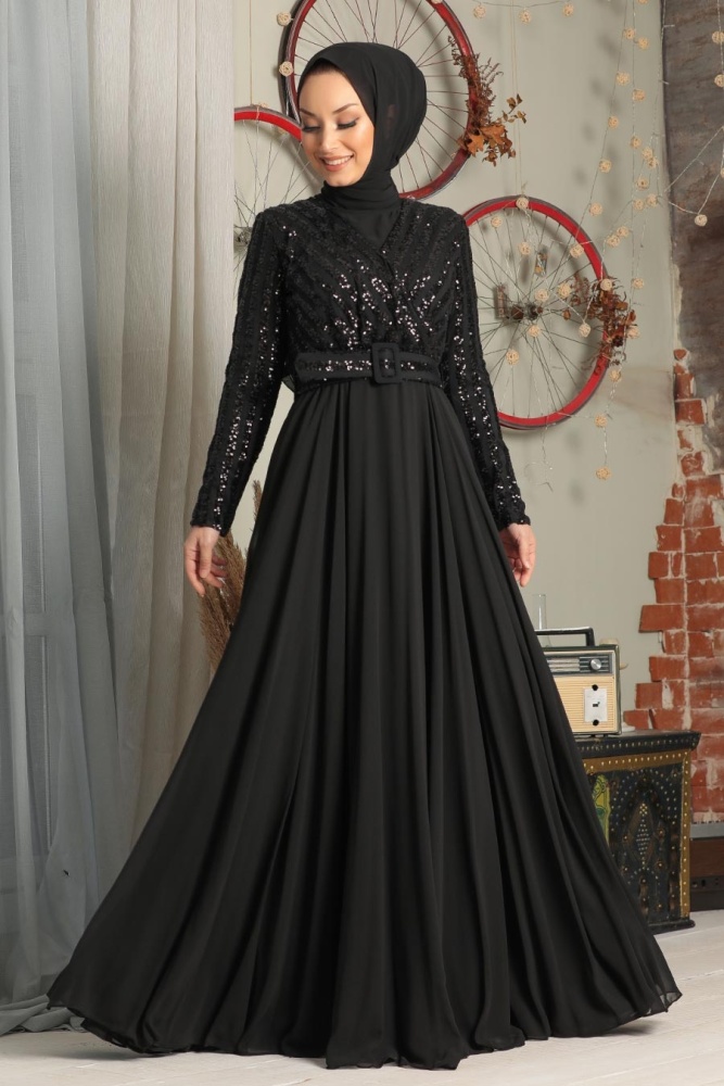 Black Hijab Evening Dress 3316S - 2