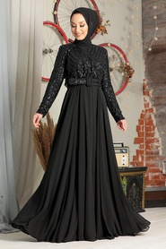 Black Hijab Evening Dress 3316S - Thumbnail