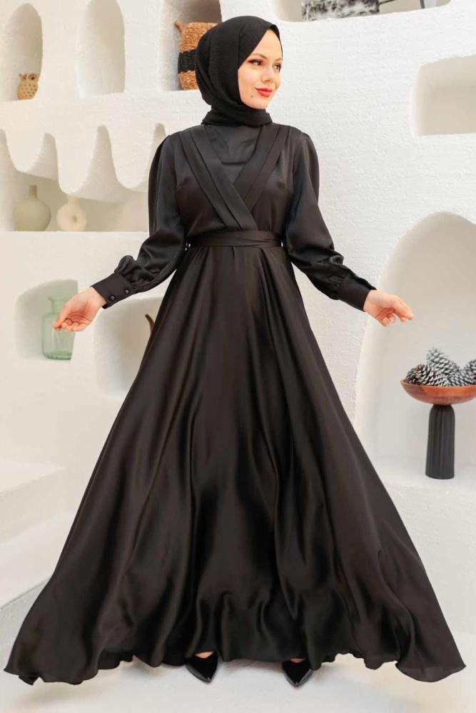 Neva Style - Satin Black Islamic Engagement Gown 3367S - 1