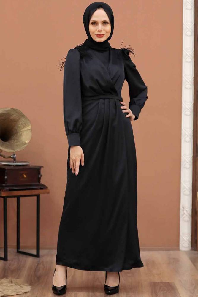Neva Style - Satin Black Hijab Engagement Dress 4199S - 1