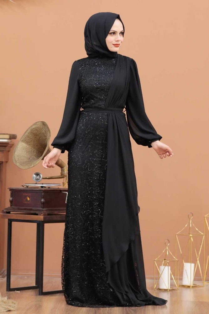 Neva Style - Elegant Black Islamic Clothing Prom Dress 5516S - 1