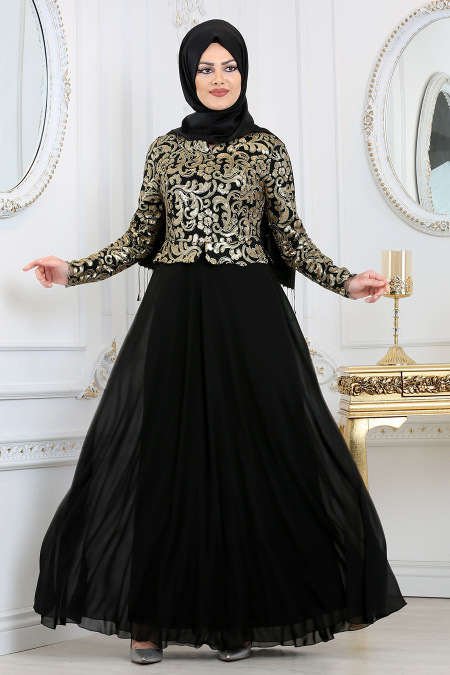 Black Hijab Evening Dress 7712S