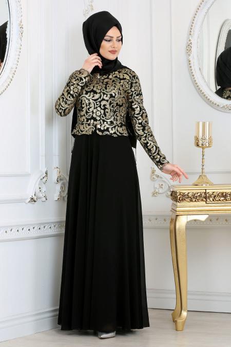 Black Hijab Evening Dress 7712S - 2
