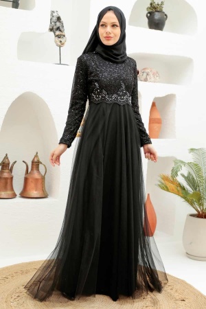 Neva Style - Plus Size Black Hijab Engagement Dress 9160S - Thumbnail