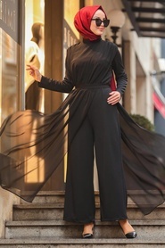 Black Hijab Evening Jumpsuit 51182S - Thumbnail