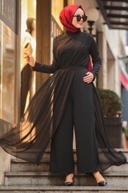 Black Hijab Evening Jumpsuit 51182S - Thumbnail
