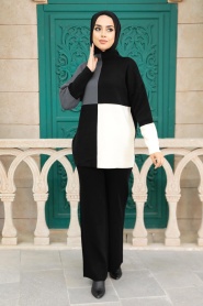 Black Hijab Knitwear Double Suit 23410S - Thumbnail
