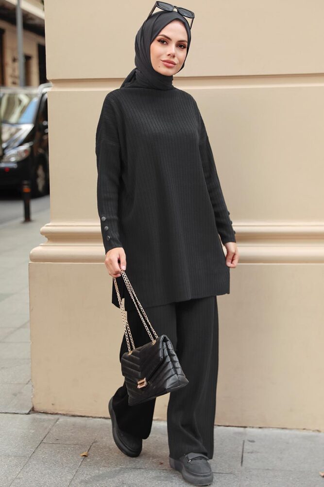 Black Hijab Knitwear Double Suit 3398S - 2