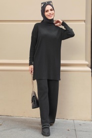 Black Hijab Knitwear Double Suit 3398S - Thumbnail