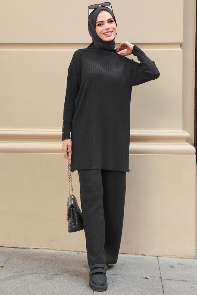 Black Hijab Knitwear Double Suit 3398S - 1