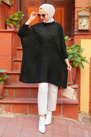 Black Hijab Knitwear Poncho 3245S - 1