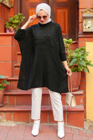 Black Hijab Knitwear Poncho 3245S - 2