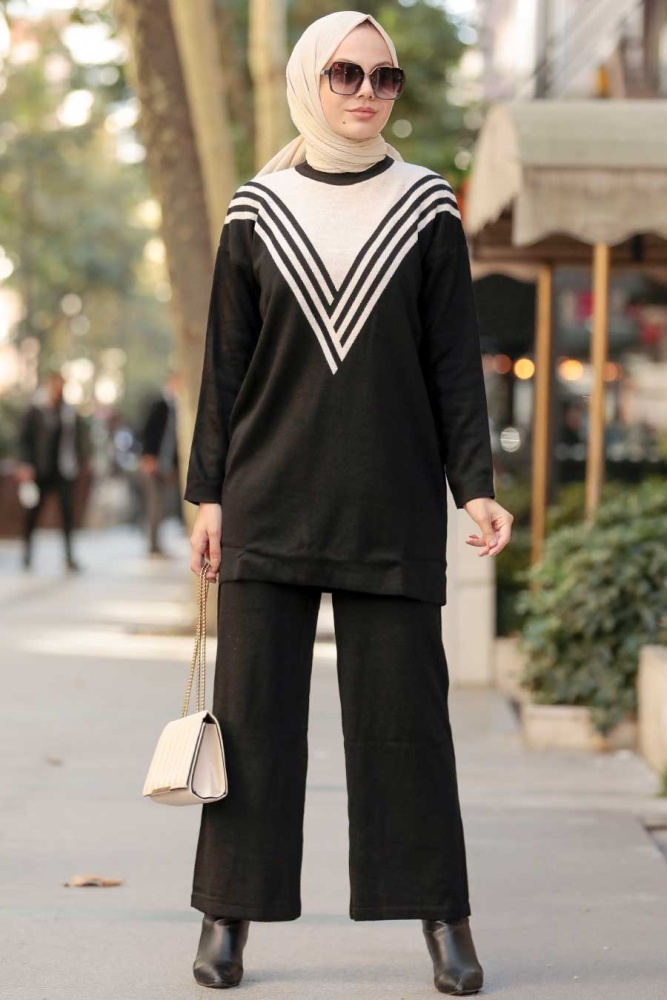 Black Hijab Knitwear Suit Dress 21692S - 1