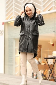 Black Hijab Leather Coat 1305S - Thumbnail