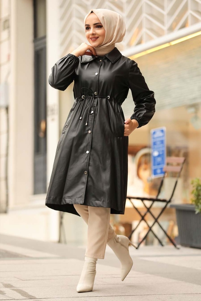 Black Hijab Leather Coat 1309S - 1