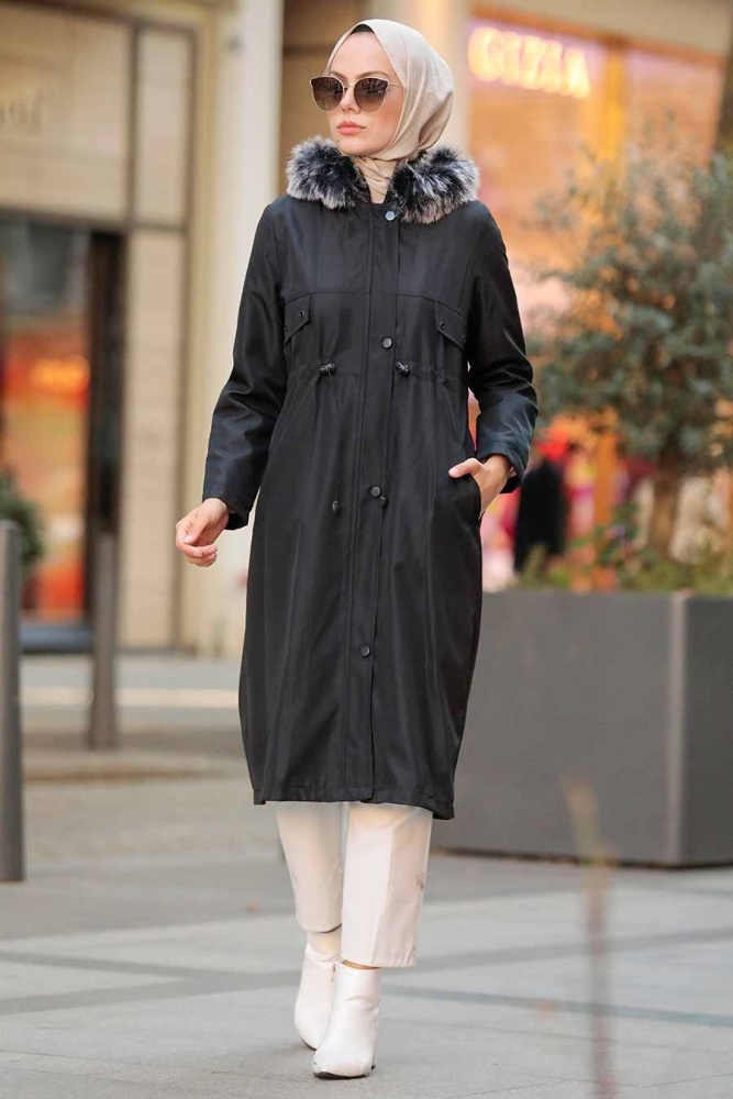 Black Hijab Parka Coat 51013S - 2