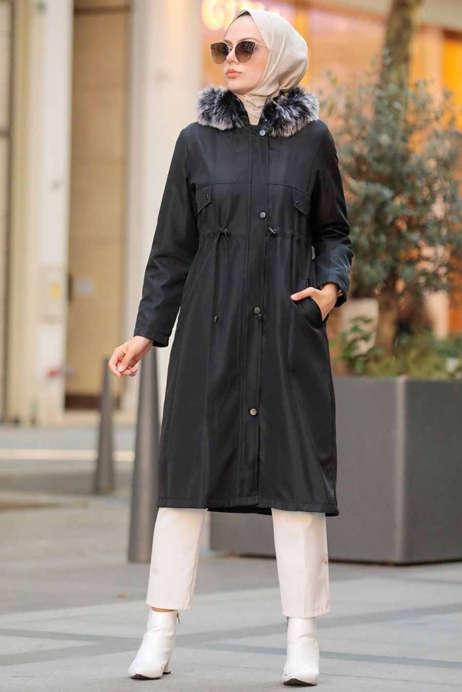 Black Hijab Parka Coat 51013S - 3