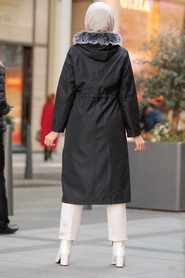 Black Hijab Parka Coat 51013S - Thumbnail