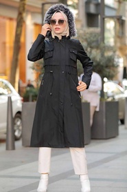 Black Hijab Parka Coat 51015S - Thumbnail