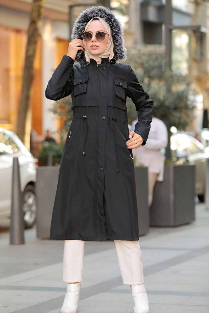 Black Hijab Parka Coat 51015S - 2