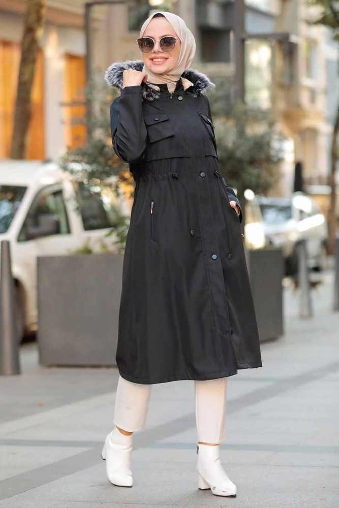 Black Hijab Parka Coat 51015S - 3